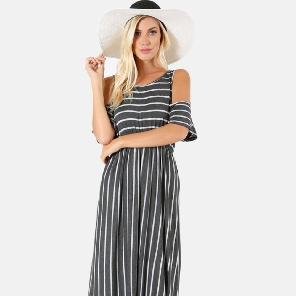 Cold shoulder striped gray and white maxi dress
